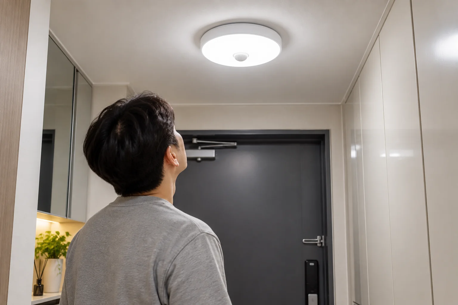 현관 센서등 오작동 여부를 확인하기 위해 천장 센서등을 살펴보는 모습